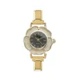 Elegante goldene Kamelien-Quarzuhr mit verstellbarem Edelstahl-Gliederarmband. - Gold Schwarzes Zifferblatt