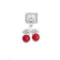 Macro detail of red cherry charm with sparkling crystal leaves for modular bracelet - Red Cherry with Rhinestone Leaves (D844)