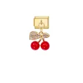 Macro detail of a luxurious gold modular bracelet charm with red crystal cherries - Gold Module Red Cherry Style (D843)