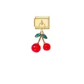 Detailed view of gold charm module with dangling red cherry and green crystal leaves - Gold Module Red Cherry with Green Stones (D842)