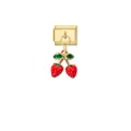 Detailed view of a gold Italian charm link featuring a red cherry dangle pendant - Gold Module Cherry Style (D839)