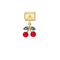 Detailed view of a vibrant red cherry charm with green crystals on a gold modular bracelet link. - Gold Red Green Cherry Style (D838)