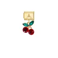 Detail view of cherry charm link with sparkling red and green crystals for DIY jewelry - Red Green Crystal Cherry Gold Style (D835)