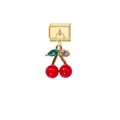 Detailed macro view of a gold-toned cherry charm link with sparkling crystal leaves - Red Cherry Rhinestone Polished Gold Style (D834)