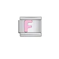 Stainless steel Italian charm link featuring a pink letter F for DIY modular bracelets - Letter F