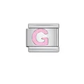 Stainless steel Italian charm link featuring a pink enameled letter G for DIY jewelry. - Letter G