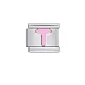 Modular stainless steel Italian charm bracelet link featuring a pink enameled letter T design - Letter T