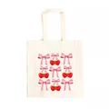 Cream canvas tote bag featuring a sweet watercolor pink bow and red cherry print detail - Bow Cherry Print (2) / 39cm*35cm
