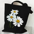 Eco-friendly black canvas tote bag with elegant white daisy flower prints for women - White Daisy (STD2097-P Black)