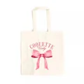 Detail view of the pink watercolor bow and 'COQUETTE' print on the canvas tote bag. - Pink Watercolor Bow (3) / 39cm*35cm