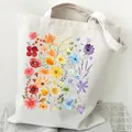 White canvas tote bag with vibrant floral print and minimalist styling for daily use - Multicolor Watercolor Floral (STD2097-L)