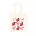 Detailed view of watercolor strawberry and pink bow prints on a canvas tote bag. - Strawberry Bow (7) / 39cm*35cm