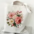 Elegant white canvas tote bag with vintage pink floral print for daily shopping - Artistic Floral (STD2097-C) / White