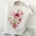 White canvas tote bag featuring an elegant pink watercolor floral print and ribbon decoration - Pink Bouquet (STD2097-F)