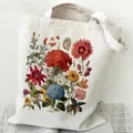 Durable white canvas tote bag featuring a vibrant vintage botanical floral print design. - Vintage Illustration Floral (STD2097-H)