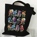 Durable black canvas tote bag with vibrant multi-color floral chrysanthemum prints - Colorful Butterfly Floral (STD2097-U Black)
