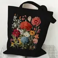 Black canvas tote bag with vintage colorful floral print for shopping or daily use. - Vintage Floral Bouquet (STD2097-W Black)