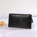 Shiny black crocodile pattern women's clutch bag and coin purse with gold-tone zipper - Black