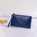 Elegant dark blue crocodile pattern leather wristlet pouch with gold zipper for women - Sapphire Blue