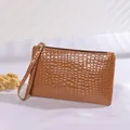 Glossy brown crocodile embossed faux leather women's wristlet clutch bag and coin purse - Brown