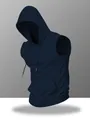 Detailed view of navy blue sleeveless sport hoodie showing kangaroo pocket and texture - S / Tops / Navy Blue