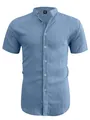 Casual men's band collar short sleeve shirt in a dusty blue textured crepe fabric - Sky Blue