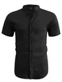 Men's black casual short sleeve shirt with textured fabric and stylish stand collar - S / Tops / Black