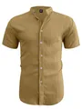 Men's khaki casual short sleeve shirt with crinkle texture and stand collar - Khaki