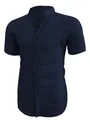 Men's summer casual short-sleeved shirt in navy blue with a unique textured fabric finish - S / Tops / Navy Blue