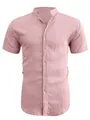 Men's casual pink short sleeve shirt with stand collar and textured cotton linen fabric - Pink