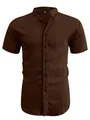 Close-up view of dark brown textured men's short-sleeve shirt with a mandarin collar - Coffee