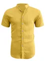 Yellow men's casual short-sleeve shirt with band collar and textured fabric variant. - S / Tops / Yellow