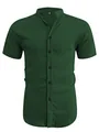 Dark green men's casual short sleeve shirt with mandarin collar and textured fabric - Green