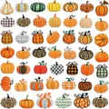 Detailed view of 49 diverse pumpkin embroidered iron-on patches with various patterns - Set of 48 (C23NG-516-YT) / 48-Pack