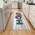 Rustic kitchen runner mat with colorful HOME print on a white wood grain background. - Retro Home Style (HOME-2) / 40x60cm