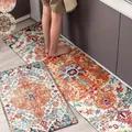 Vintage bohemian kitchen floor mat set with floral patterns in orange and cream tones. - Bohemian Floral Style (波斯) / 40x60cm