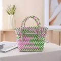 Hand-woven colorful basket handbag featuring green and pink woven pattern for gifts - Bare Bag / Small (Bottom 16x15x9cm, Top 22cm) / Pink Green Contrast