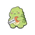 Cute cartoon green dinosaur enamel pin featuring Dino-Saw pun design for backpack decoration - Green Dino-Saw (QHXZ1514)