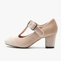 Élégantes chaussures Mary Jane en velours rose avec bride en T et talon bloc épais - Abricot