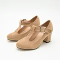 Chaussures Mary Jane classiques en daim beige avec bride en T et talons hauts épais - 36 / Kaki en Suède