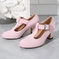 Chaussures Mary Jane à bride en T en daim rose avec un talon épais classique et élégant - 36 / Rose en Daim