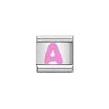 Close-up of a stainless steel Italian charm featuring a pink enamel letter A - Letter A (Y1898) / Silver Base with Pink Letter