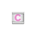 Close-up of Italian charm link with a pink letter C on stainless steel - Letter C (Y1900) / Silver Base with Pink Letter