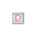 Close-up of a stainless steel Italian charm with a pink letter D design - Letter D (Y1901) / Silver Base with Pink Letter
