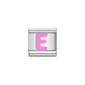 Close-up detail of a stainless steel Italian charm link with pink enamel letter E - Letter E (Y1902) / Silver Base with Pink Letter