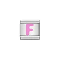 Detailed macro view of a polished stainless steel Italian charm with pink letter F - Letter F (Y1903) / Silver Base with Pink Letter