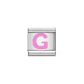 A detailed macro view of a silver Italian charm bracelet link with a pink letter G - Letter G (Y1904) / Silver Base with Pink Letter