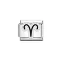 Detailed view of an Aries zodiac sign on a polished stainless steel modular charm link - Aries Symbol (Y2039) / Silver Black
