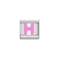 Detailed macro view of pink enamel letter H charm for Italian modular bracelet links - Letter H (Y1905) / Silver Base with Pink Letter