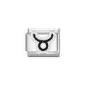 Close-up of stainless steel Italian charm link featuring a black Taurus zodiac symbol. - Taurus Symbol (Y2040) / Silver Black
